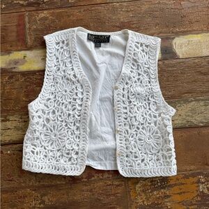 Vintage Karen Kane White Crochet Soutache Button-Front Vest Cotton | XS Petite